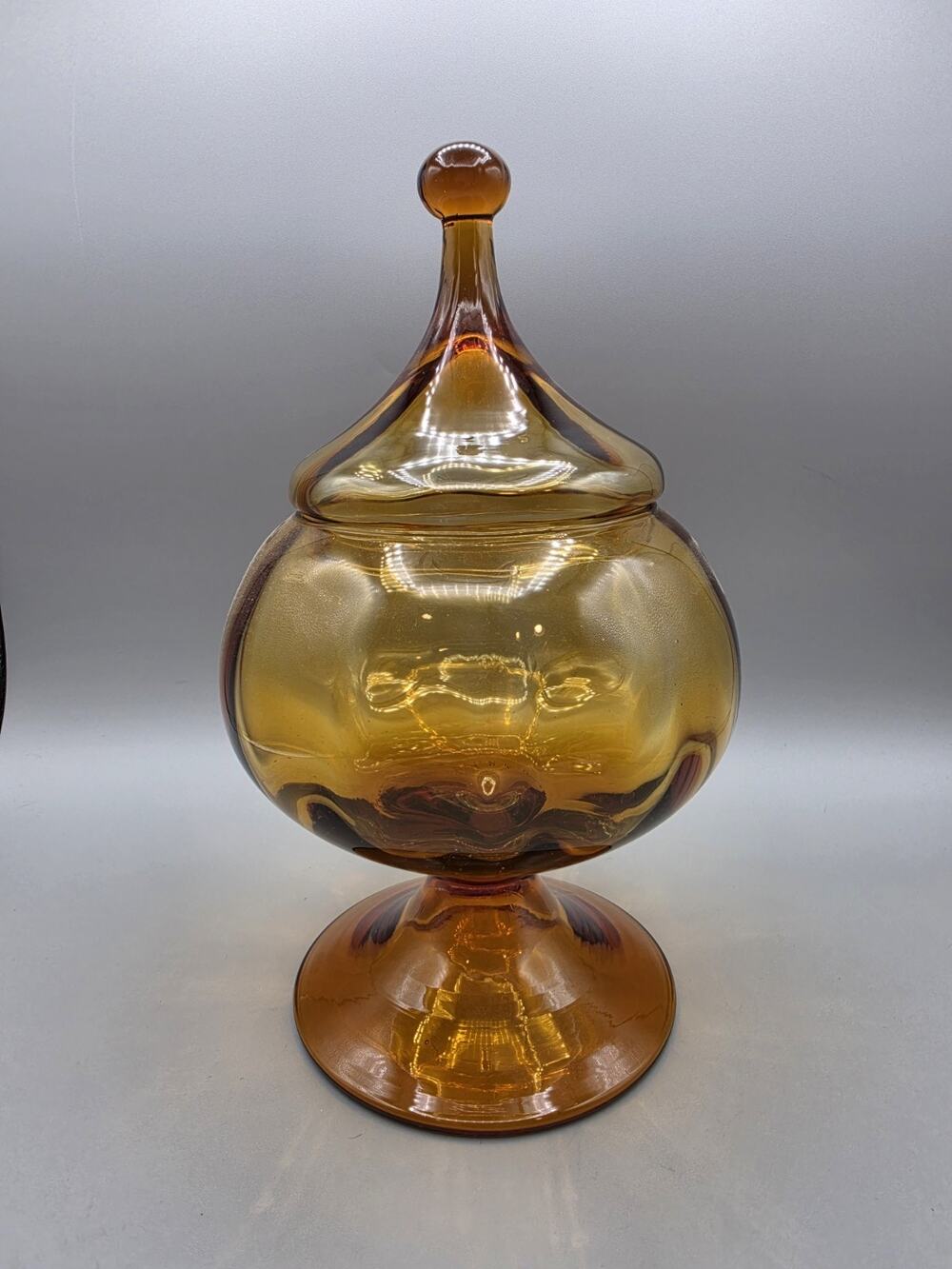 Vtg Empoli Amber Glass Lidded Apothecary Footed Jar Candy Dish Circus Tent MCM